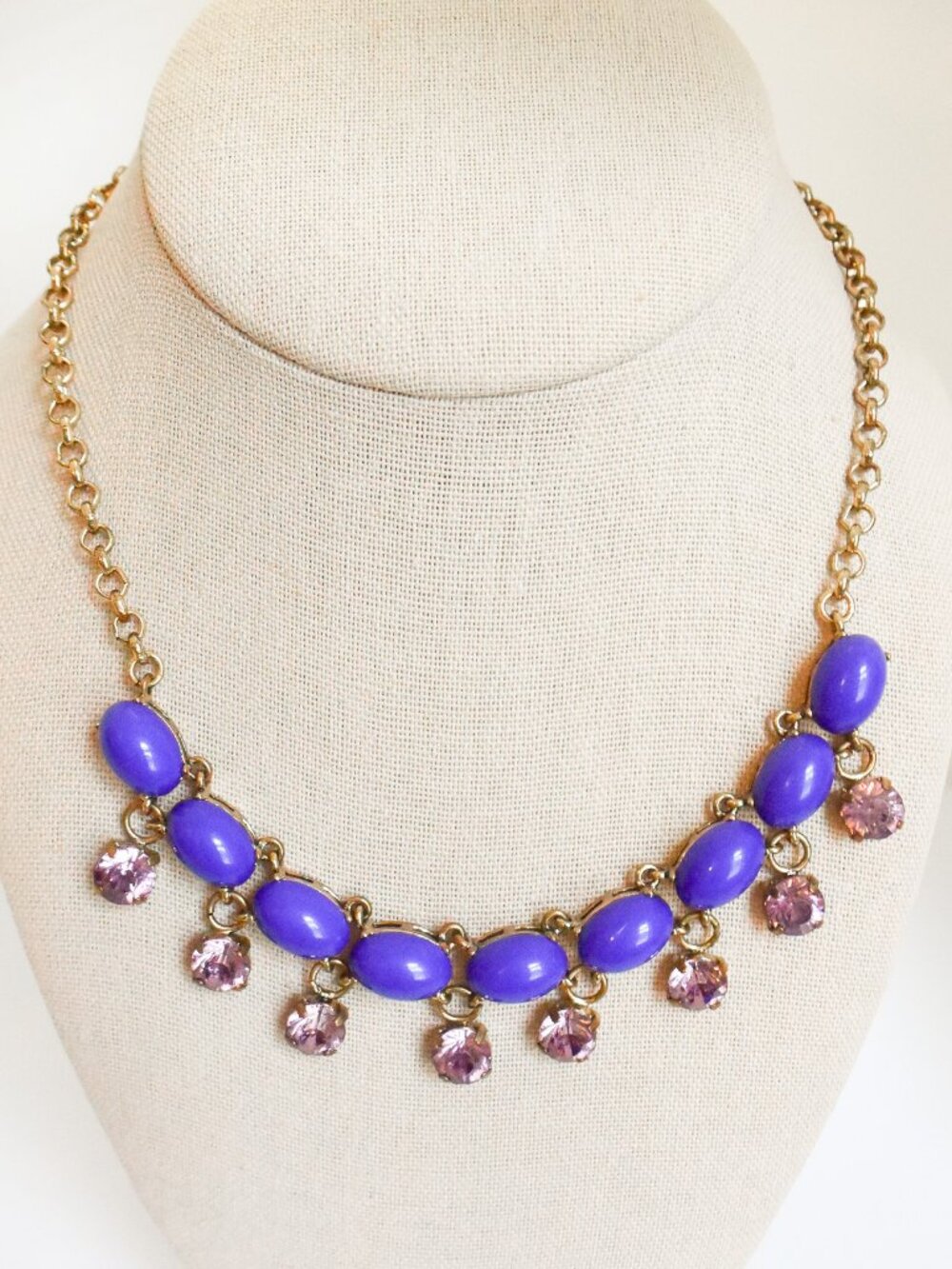 Purple/Blue Rhinestone Oval Station Necklace - Antique Gold Statement Collar